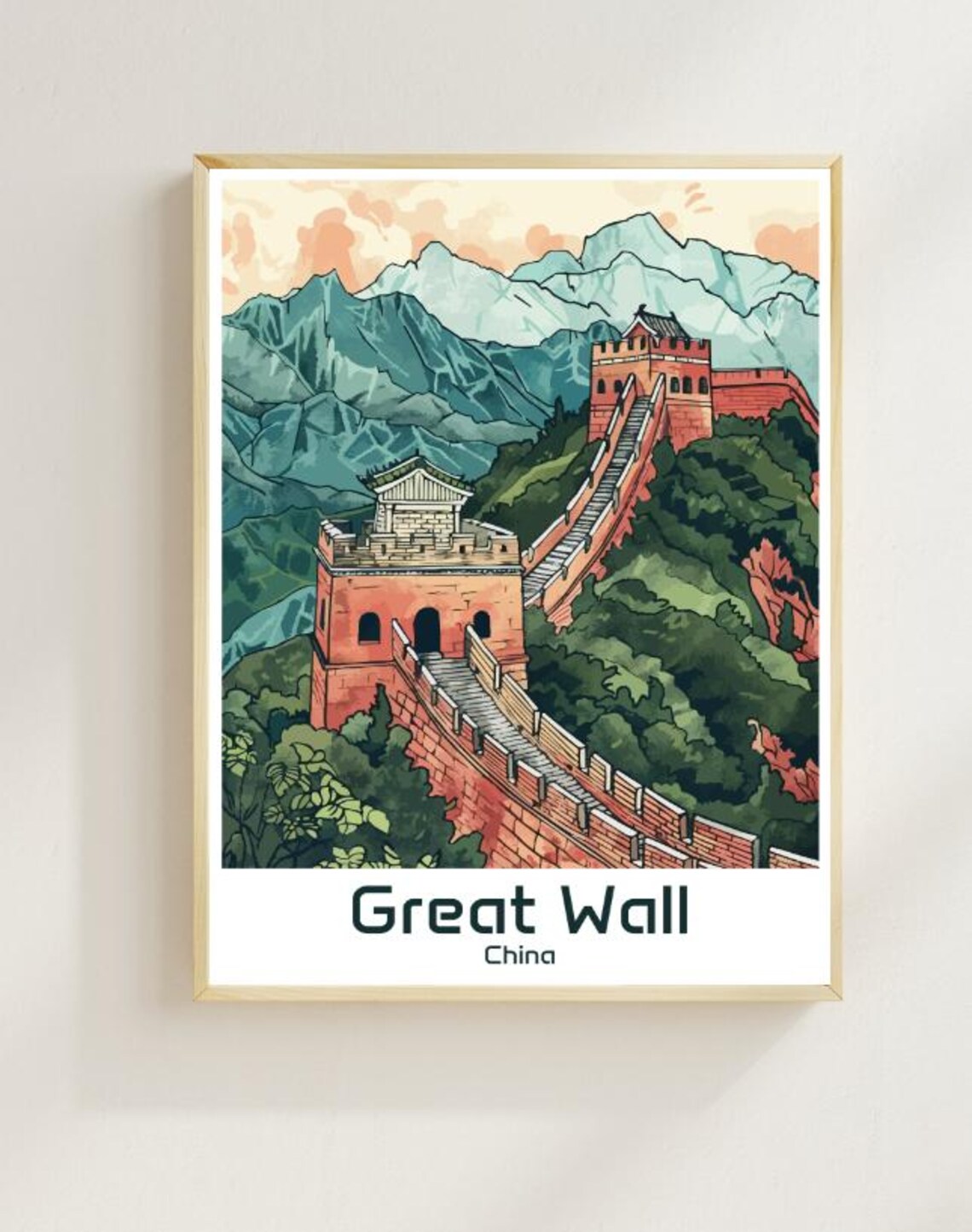 Great Wall of China Red Watchtowers Winding Misty Mountains Poster