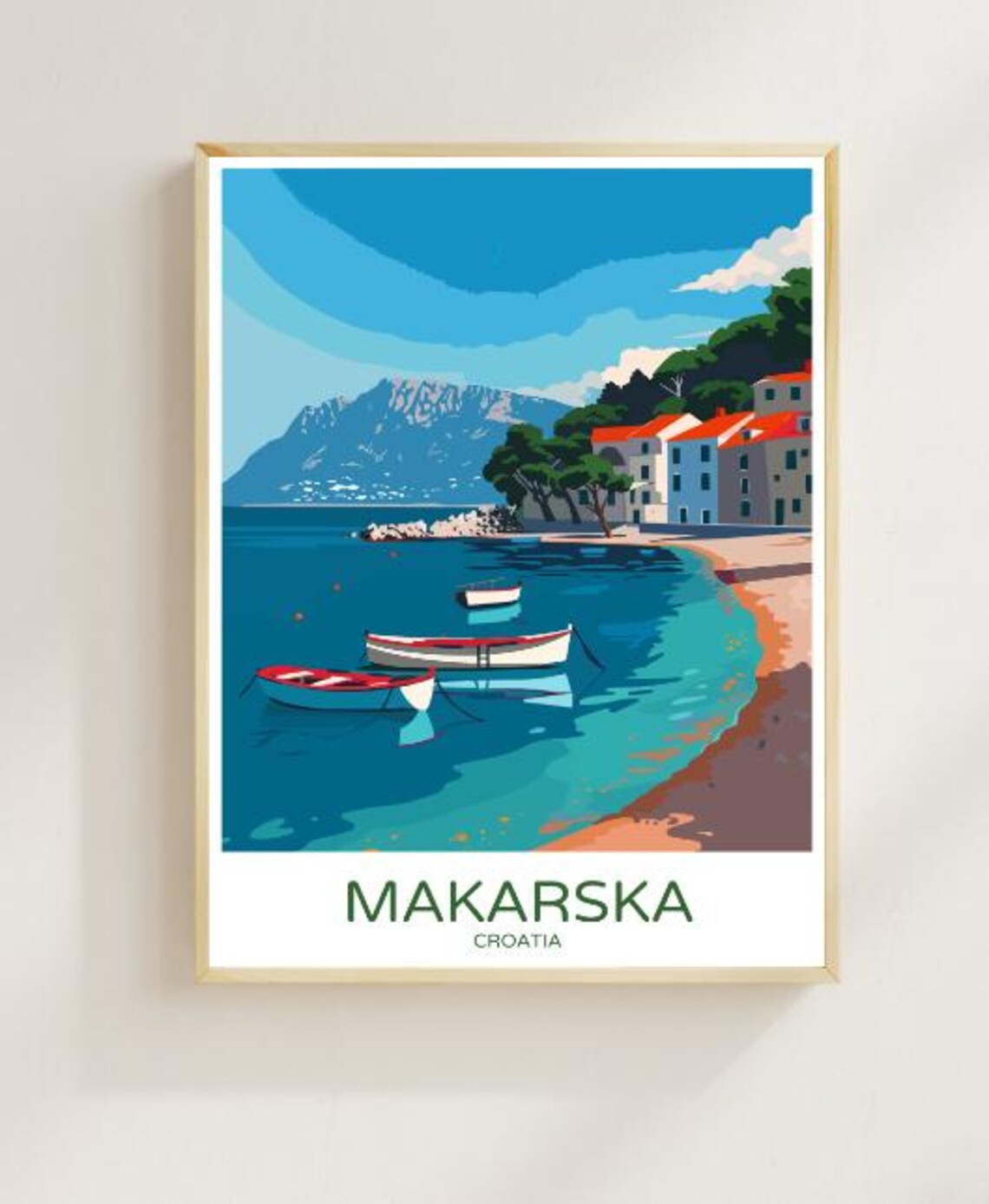 Makarska Croatia Travel Poster Beach Boats Mountain Scene Art