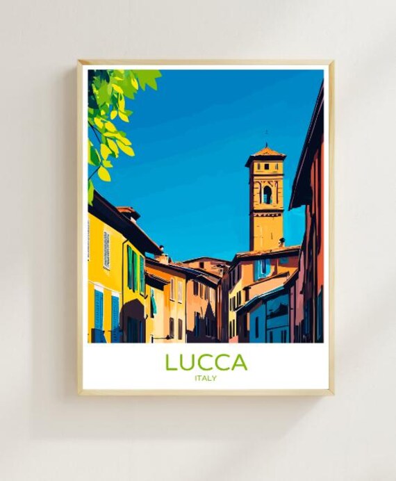 Lucca Italy Colorful Old Town Street Clock Tower Travel Poster