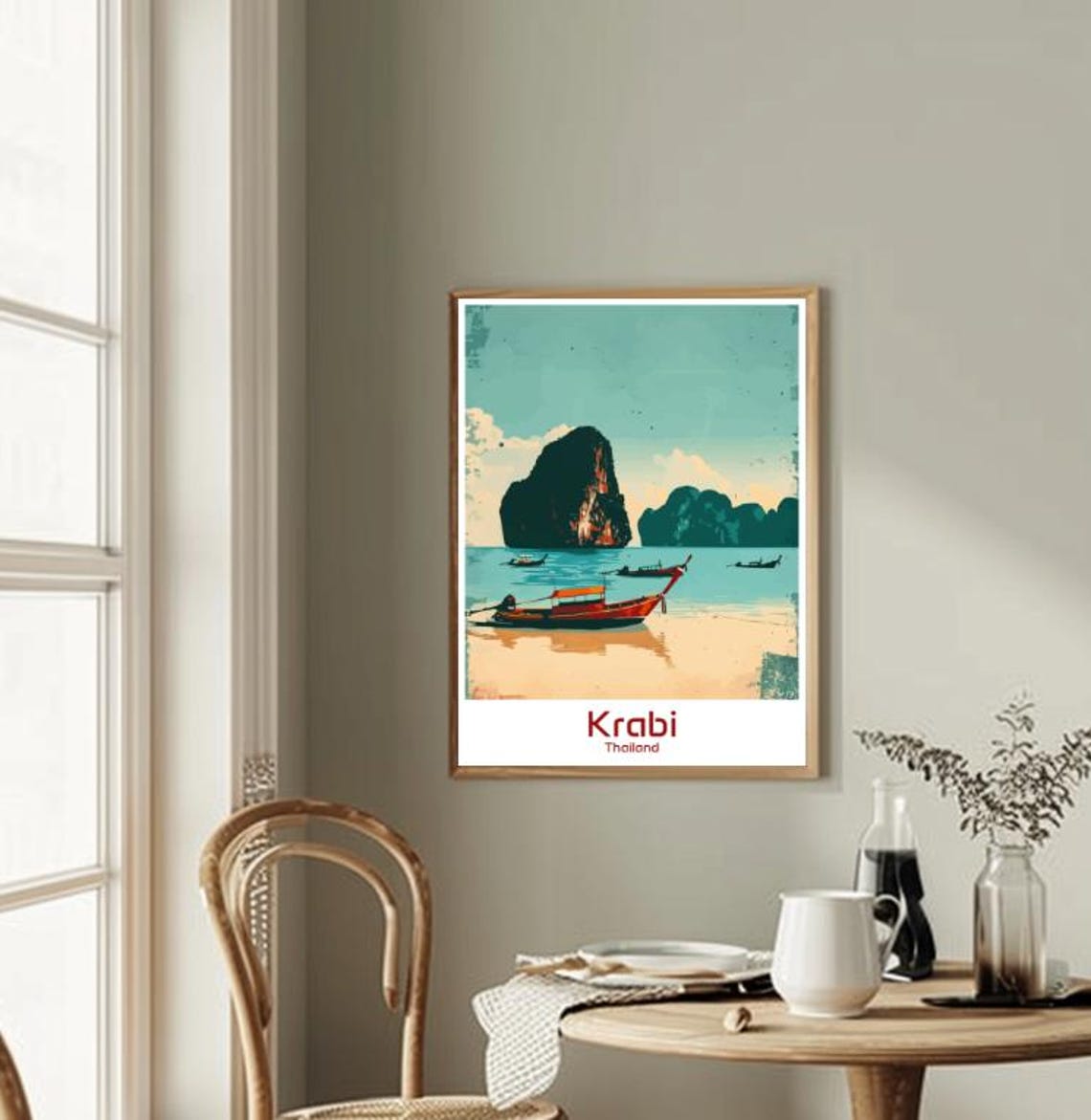 Krabi Thailand Longtail Boats Limestone Cliffs Retro Beach Poster - Image 2