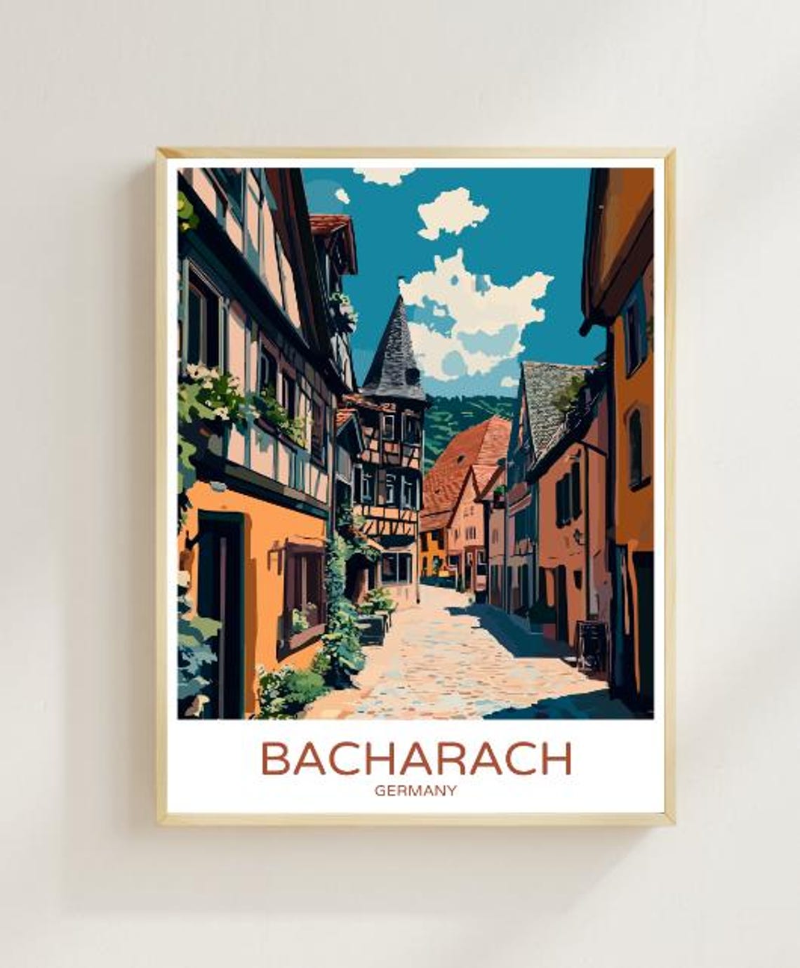 Bacharach Germany Half Timbered Rhine River Street Travel Poster