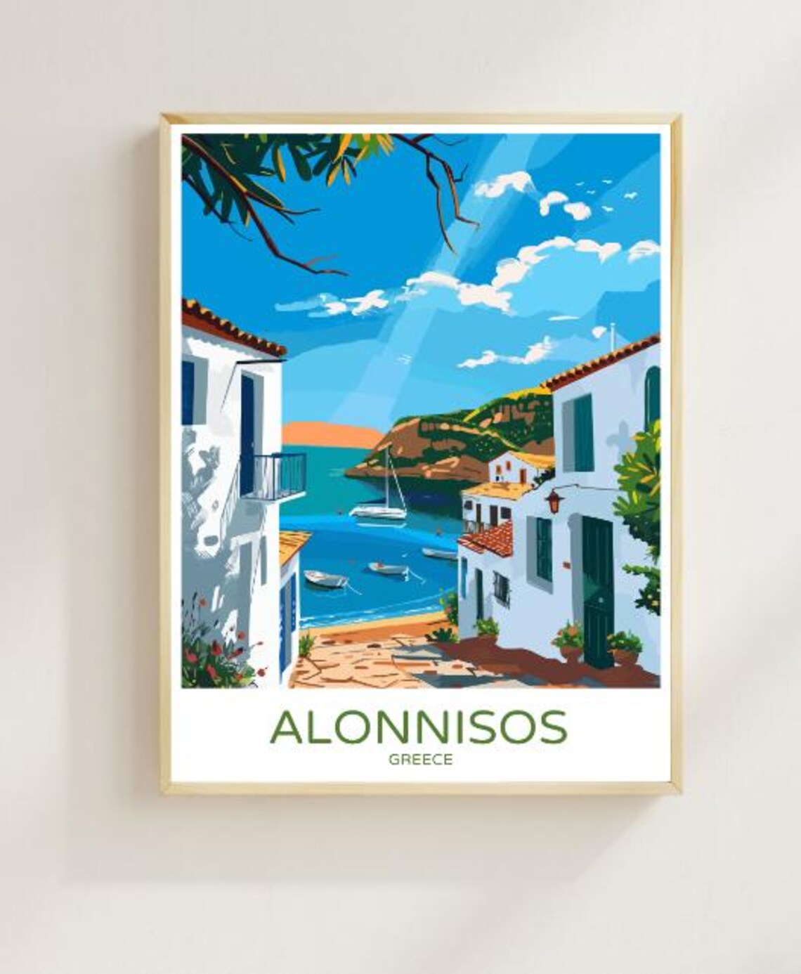 Alonnisos Greece Travel Poster White Island Harbor Boats View Decor
