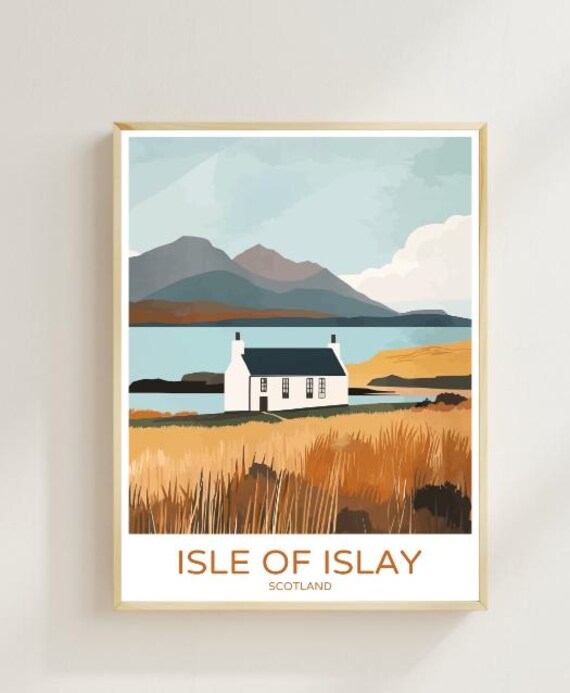 Isle of Islay Scotland Coastal Cottage Golden Fields Travel Poster