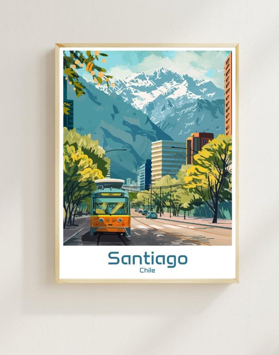 Santiago Chile City Tram Andes Mountains Urban Travel Poster