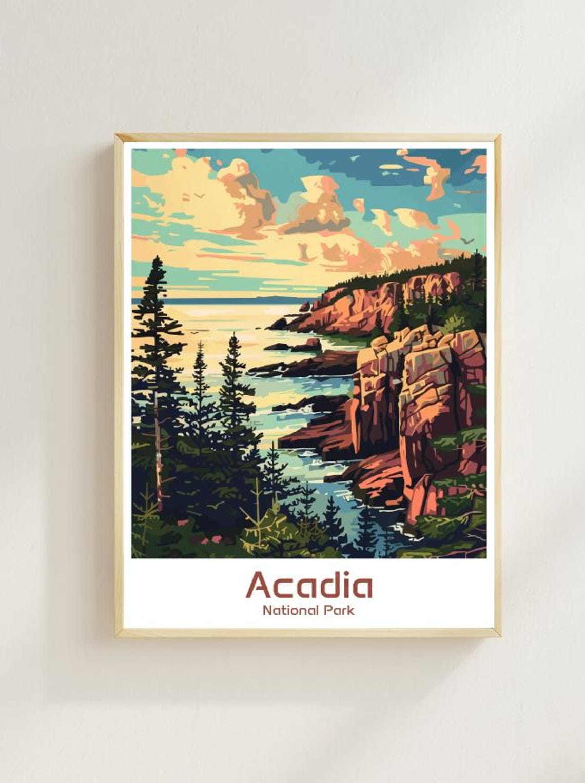 Acadia National Park Rocky Cliffs Sunset Coastal Travel Poster