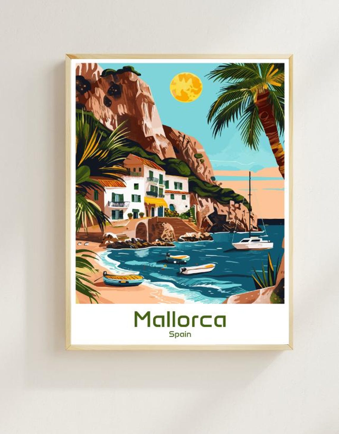 Mallorca Spain Mediterranean Cliffside Village Vintage Travel Poster