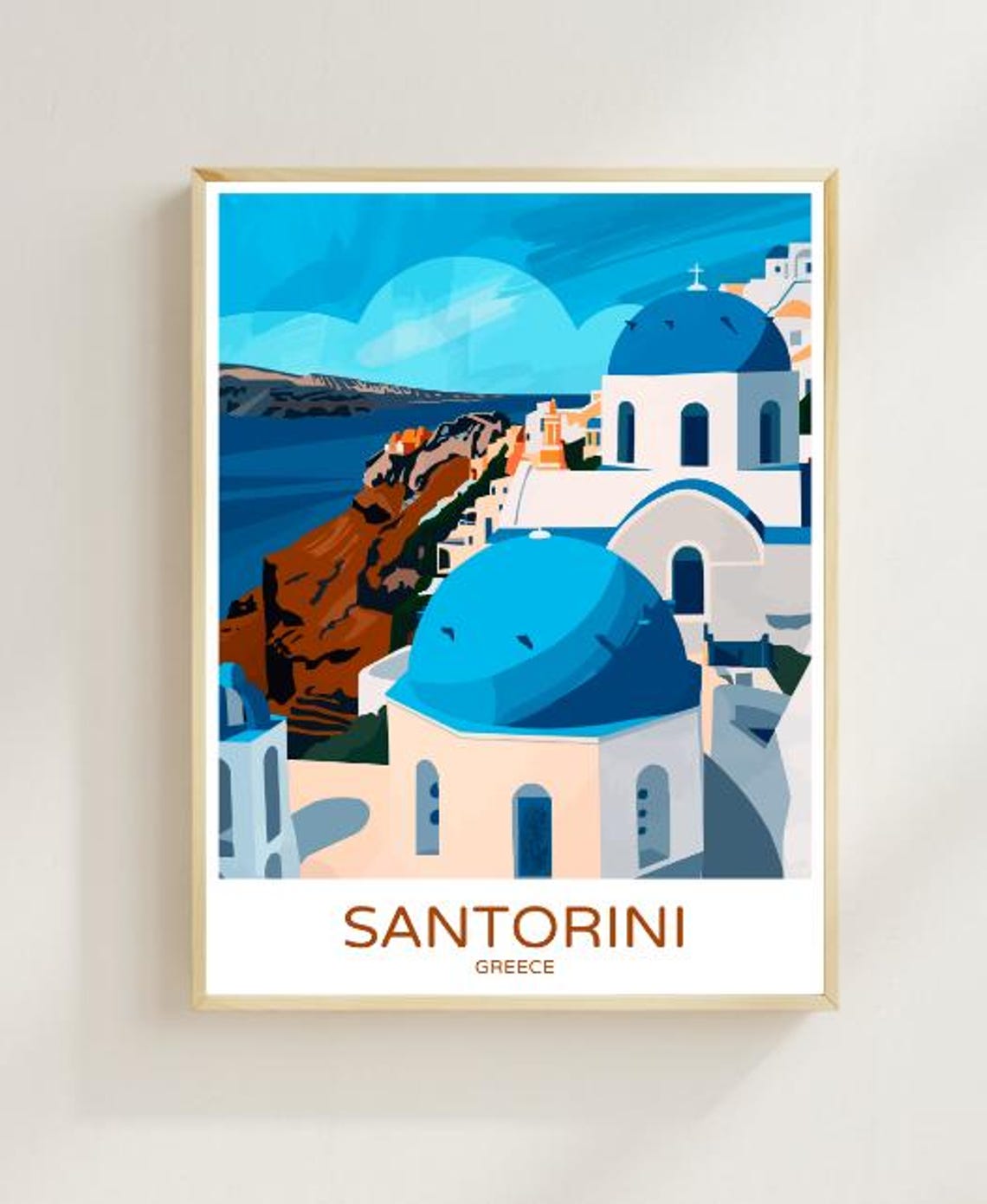 Santorini Greece Iconic Blue Domes Whitewashed Village Travel Poster