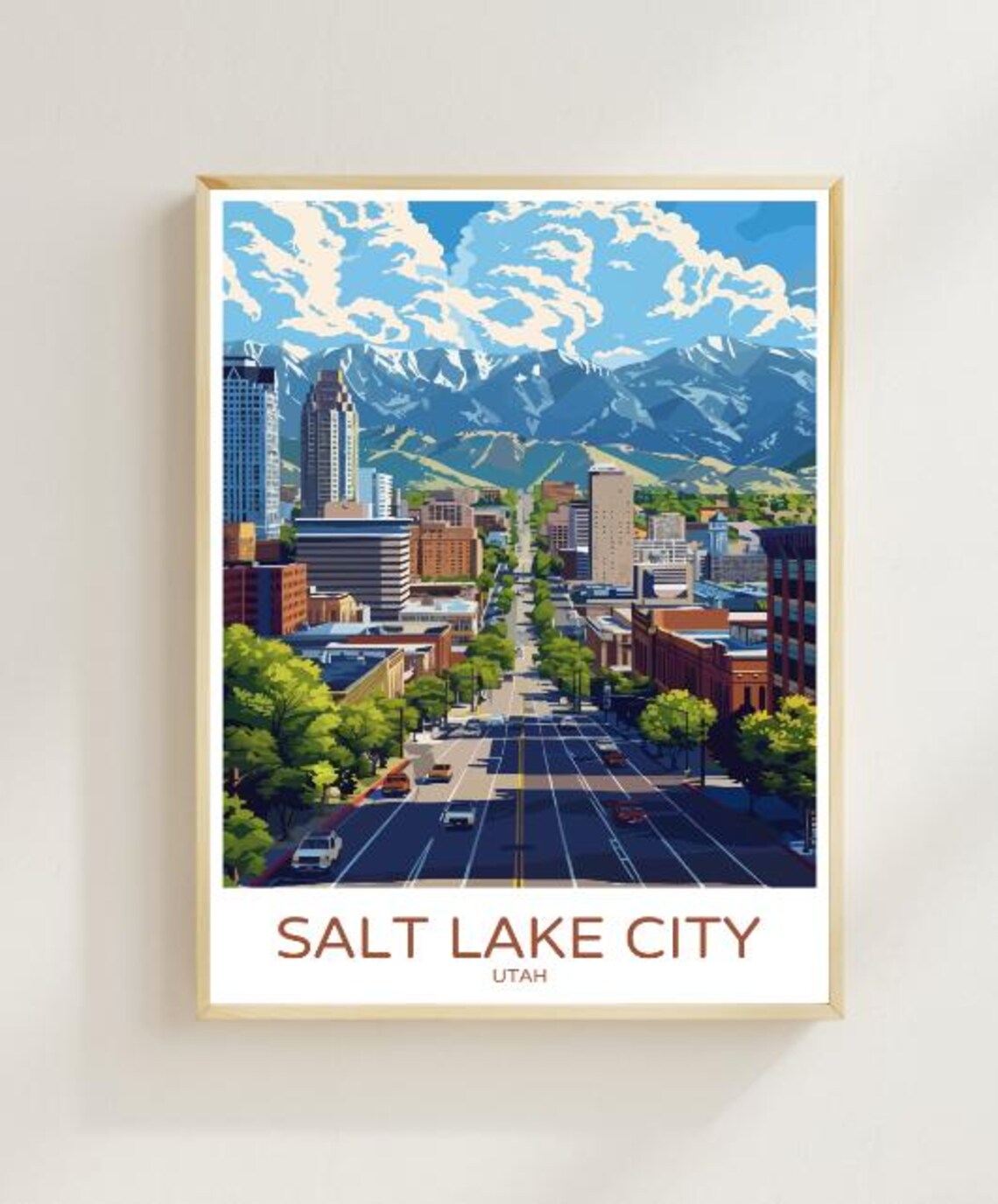 Salt Lake City Utah Mountain Skyline Vintage Travel Art Poster