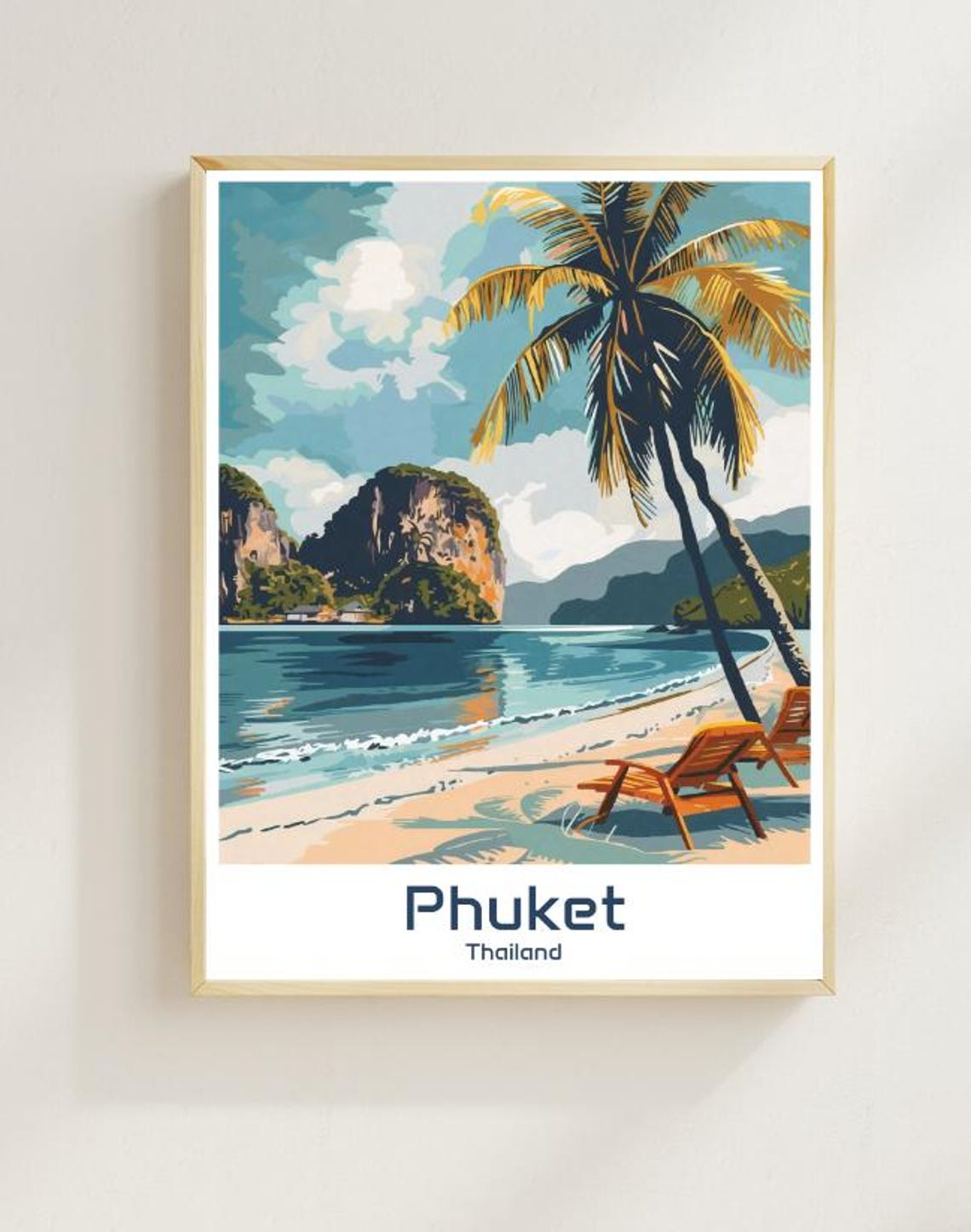 Phuket Thailand Palm Beach Limestone Cliffs Vintage Travel Poster