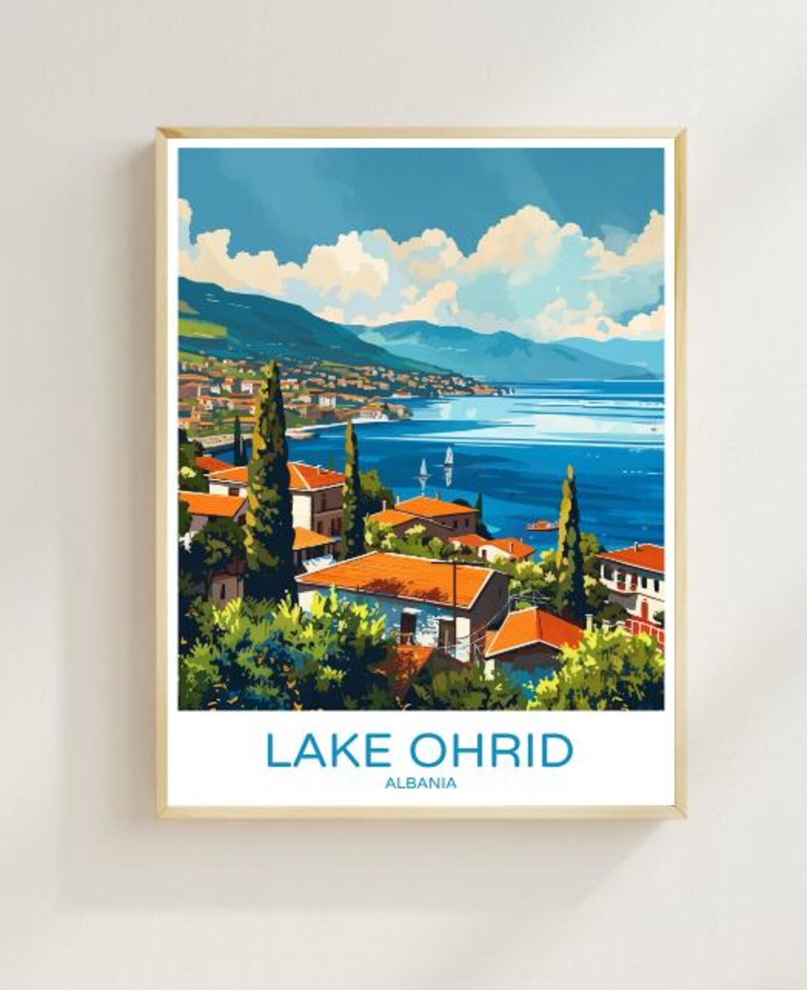 Lake Ohrid Albania Travel Poster Lakeside Village Mountain View Decor