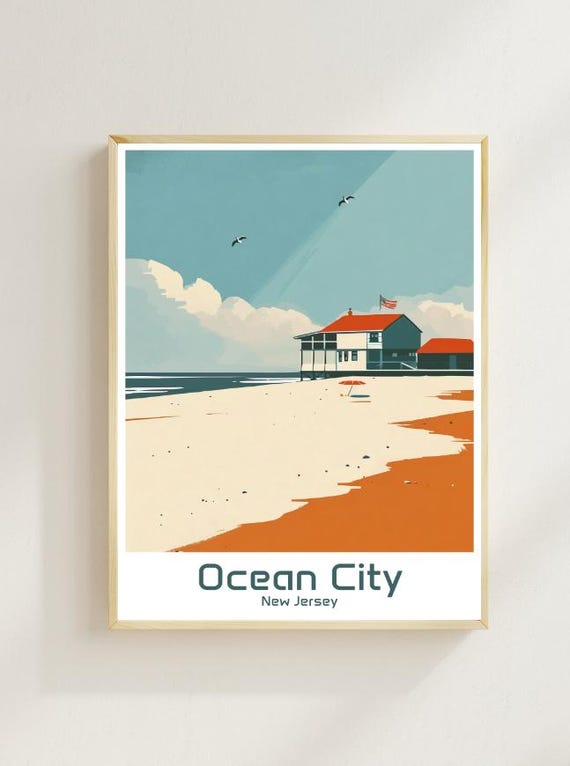 Ocean City New Jersey Travel Poster Coastal Wall Art Of Boardwalkbeach Retro Seaside Print Beach House Decor Nautical Artwork