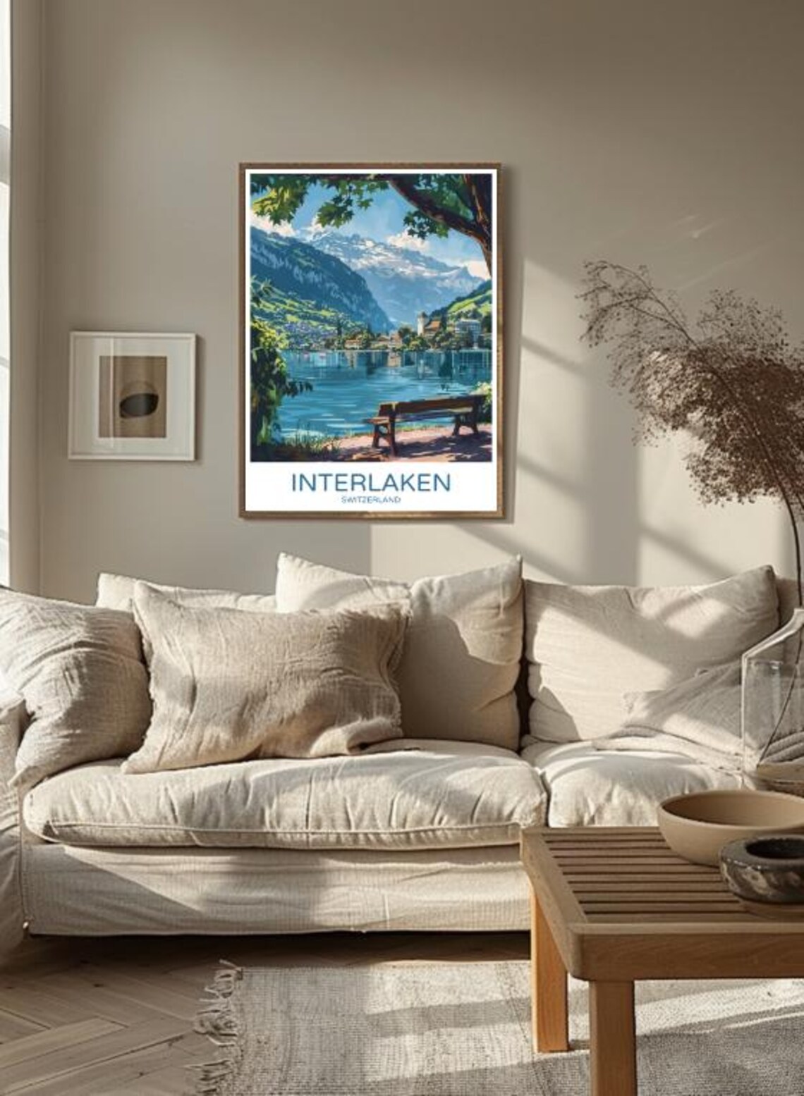 Interlaken Switzerland Lake Bench Snowy Peaks Lakeside Travel Poster - Image 3