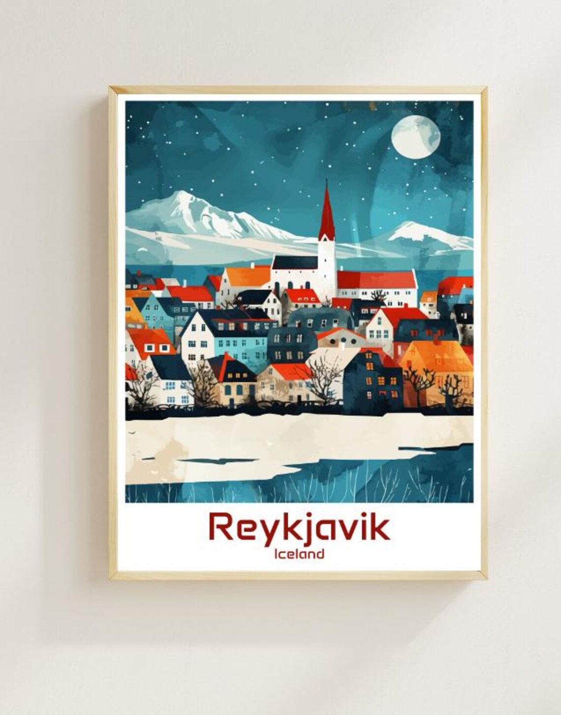 Reykjavik Iceland Winter Night Cityscape Moon Vintage Travel Poster