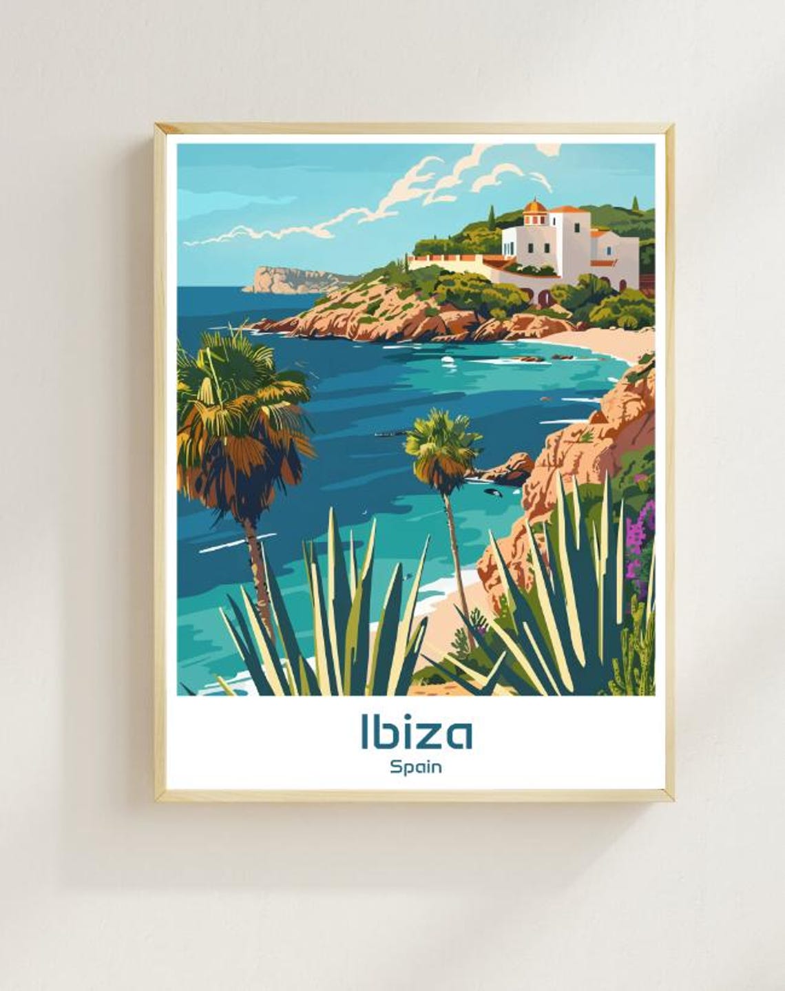 Ibiza Spain Coastal Cliffs Palm Trees Sunset Beach Travel Poster