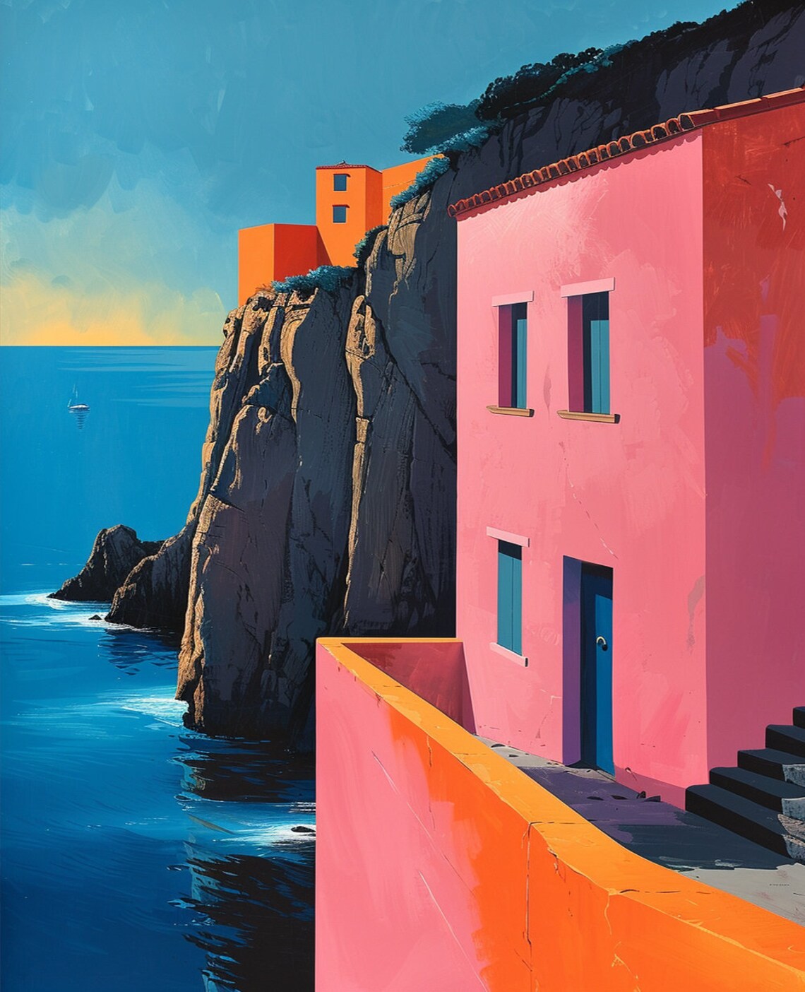 Italy Landscape Painting Cove Art Print Italy Architecture Italy Travel Poster Ocean Painting Water Wall Art Beach Prints