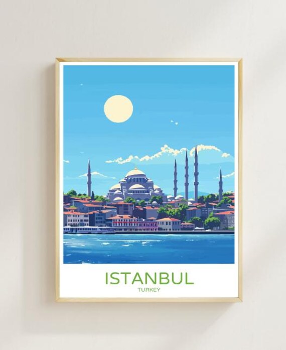 Istanbul Turkey Skyline Travel Poster With Mosque Domes And Bosphorus