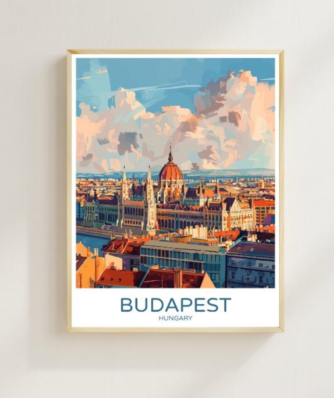Budapest Hungary Parliament Riverside Vintage Travel Art Poster