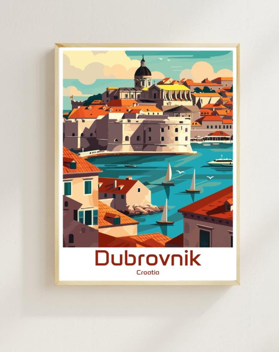 Dubrovnik Croatia Old Town Harbor Sailboats City Walls Travel Poster