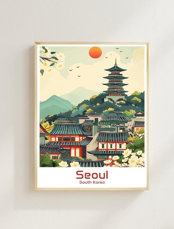 Seoul Pagoda Village Sunset Historic South Korea Travel Poster