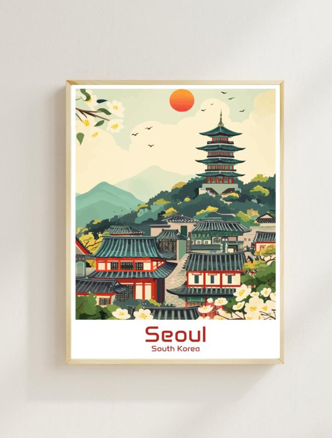 Seoul Pagoda Village Sunset Historic South Korea Travel Poster