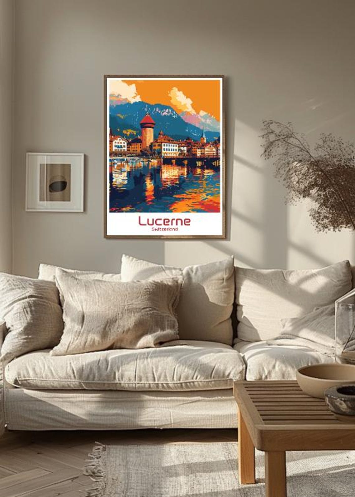 Lucerne Switzerland Old Town Lake Sunset Waterfront Illustrated Poster - Image 3