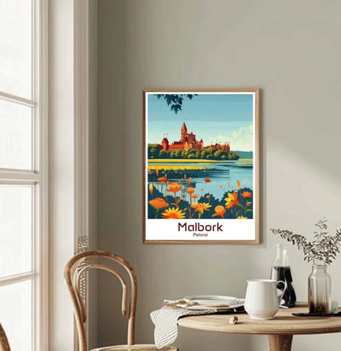 Malbork Poland Medieval Castle Lake Orange Wildflowers Poster - Image 2