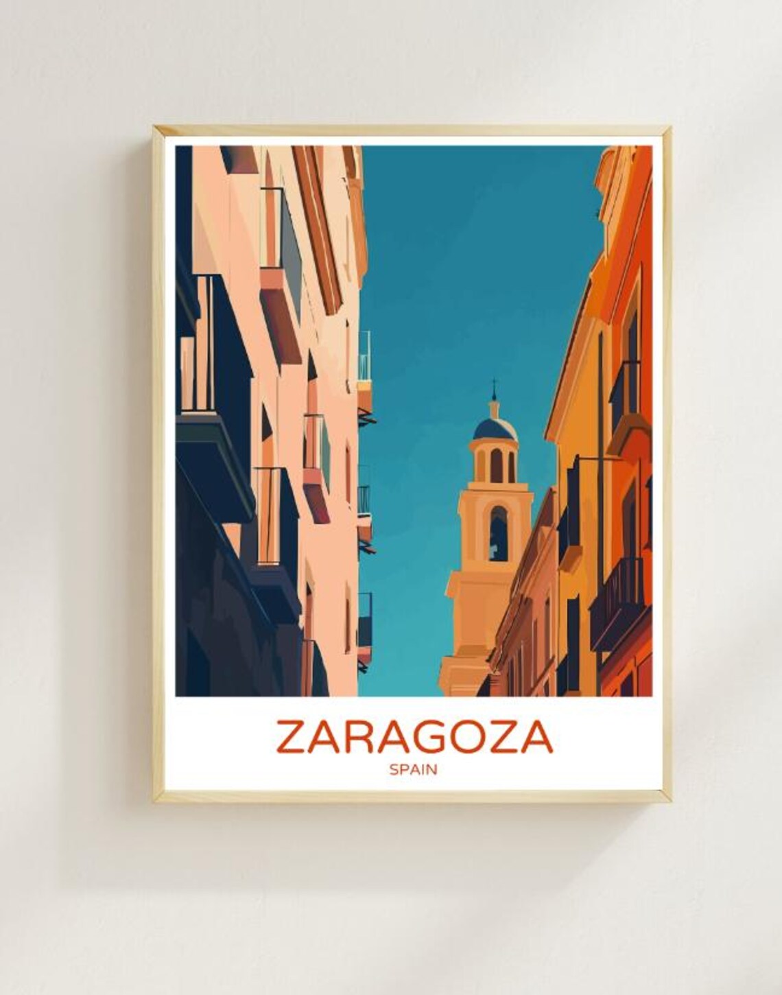 Zaragoza Spain Old Town Street Bell Tower Travel Poster Home Decor