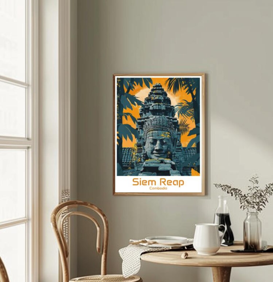 Siem Reap Cambodia Bayon Temple Stone Face at Orange Sunset Poster - Image 2