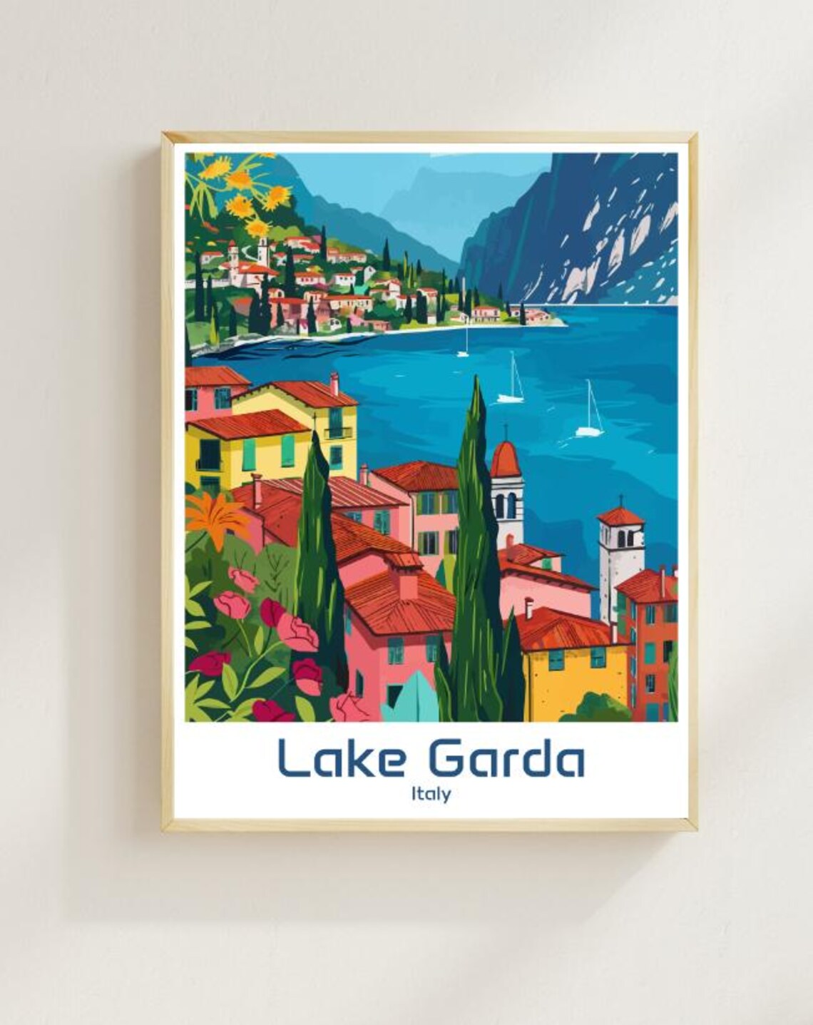 Lake Garda Italian Lakeside Town Colorful Italy Travel Poster
