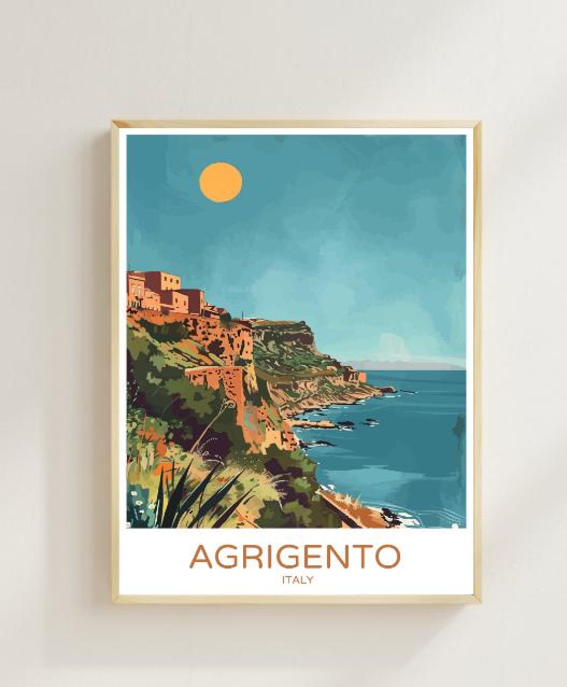 Agrigento Italy Travel Poster Coastal Cliffs Sicily Sea View Art
