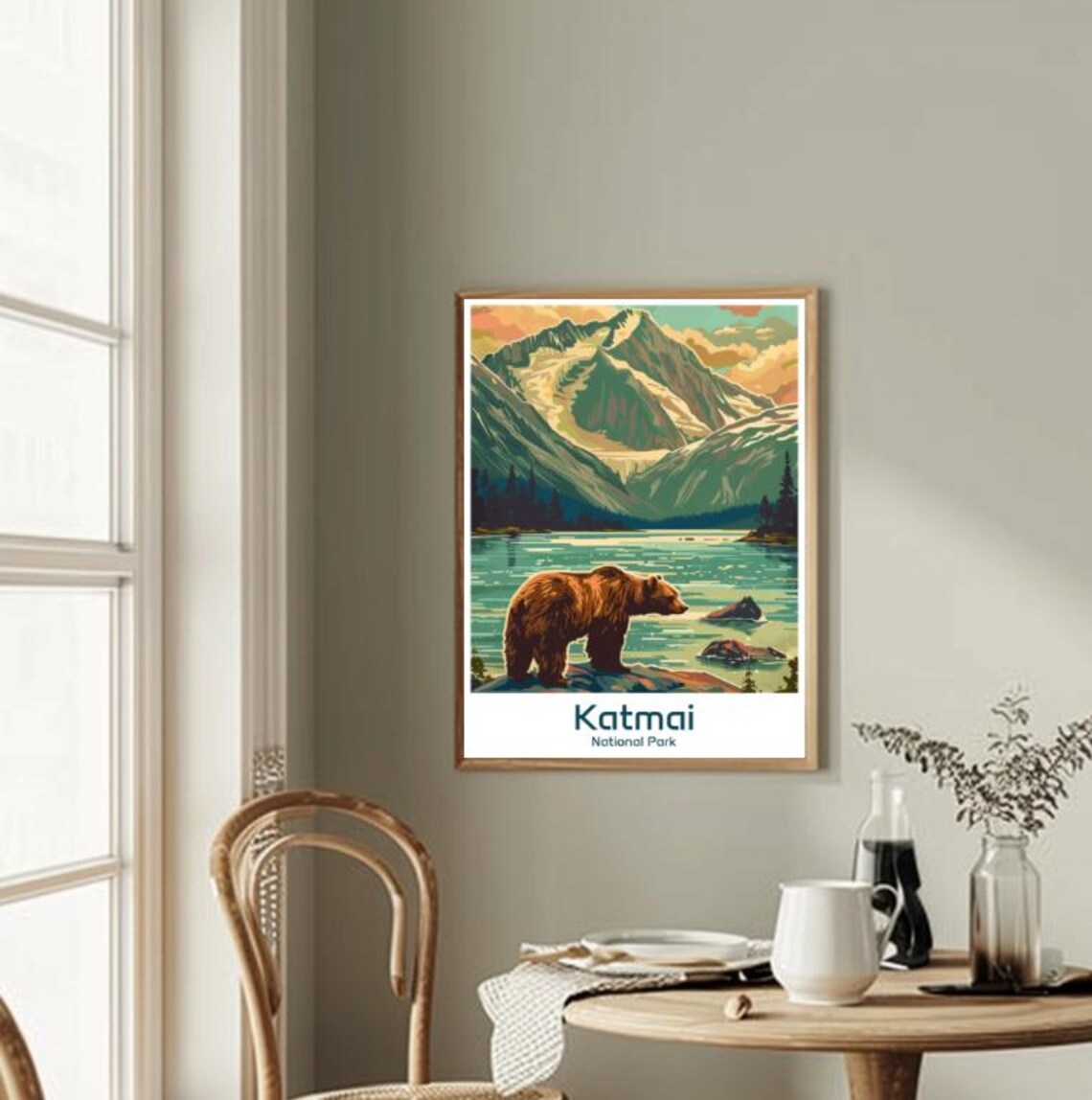 Katmai National Park Brown Bear Lake Mountain Illustration Poster - Image 2