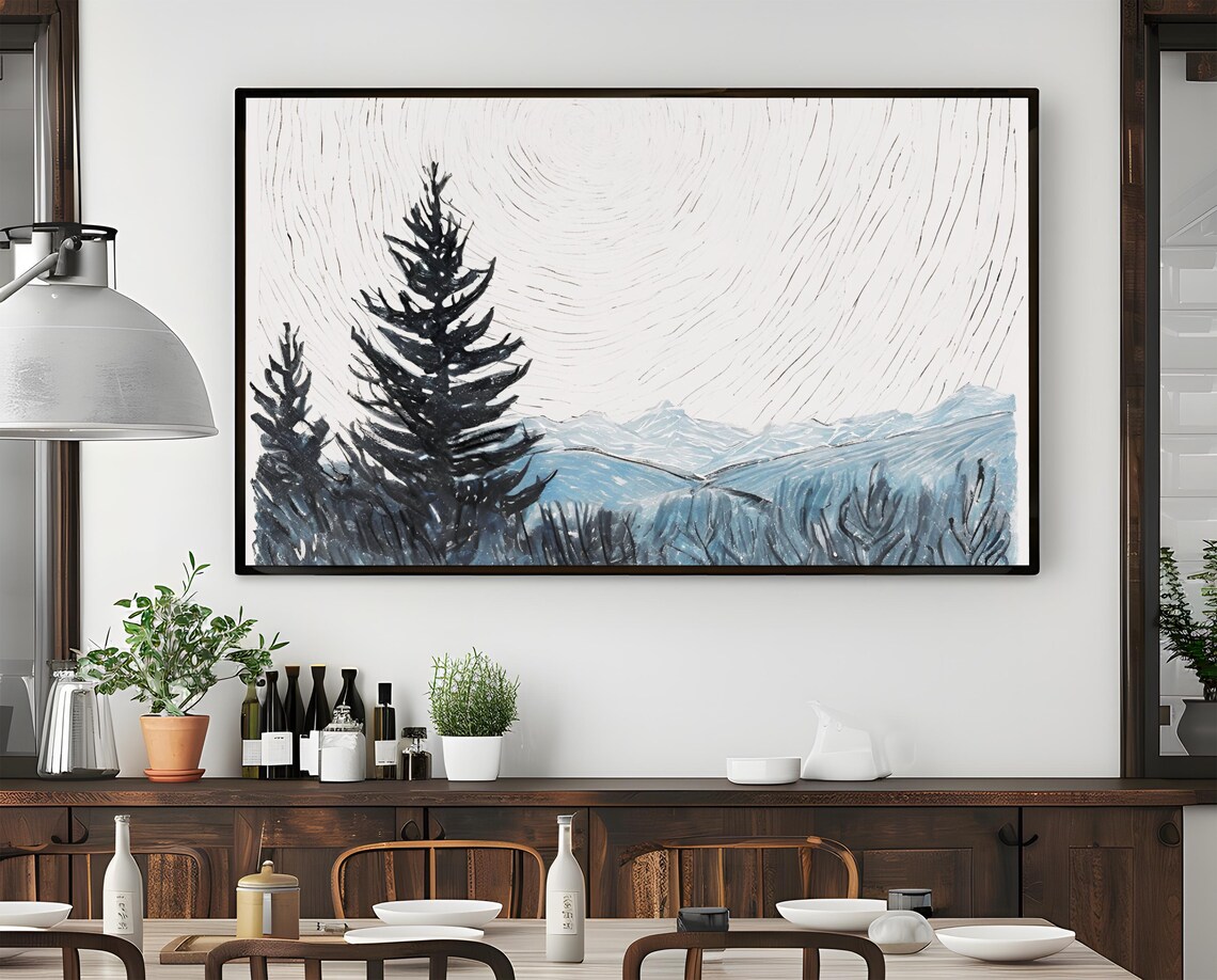 Minimalist Winter Landscape, Snowy Mountain Forest