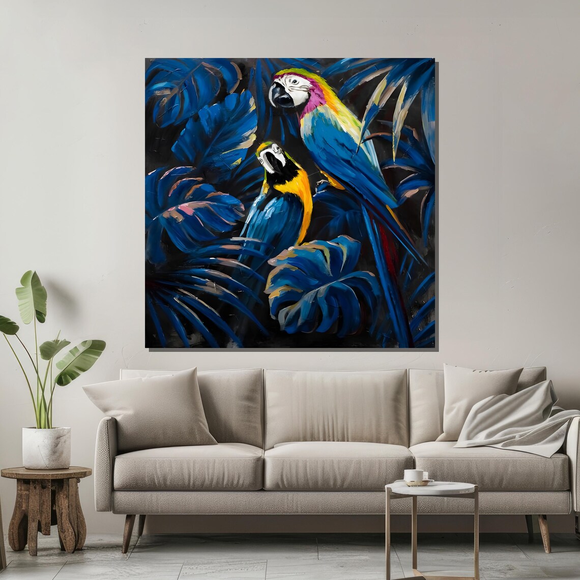 Blue and Yellow Macaw Parrots Tropical Jungle Painting Art Poster - Image 2
