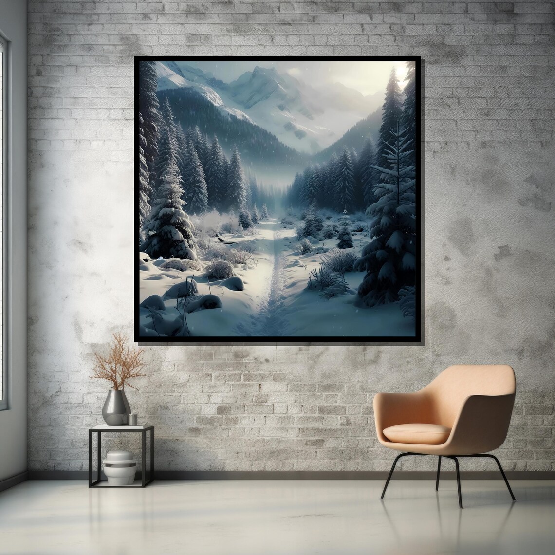Snowy Mountain Forest Path in Blue Winter Wonderland Scenery Poster - Image 5