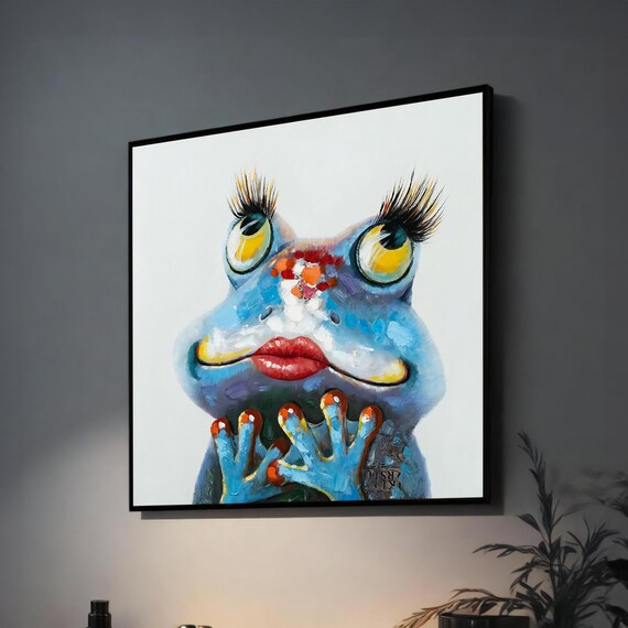 Whimsical Blue Frog with Red Lips Funny Animal Poster for Bathroom