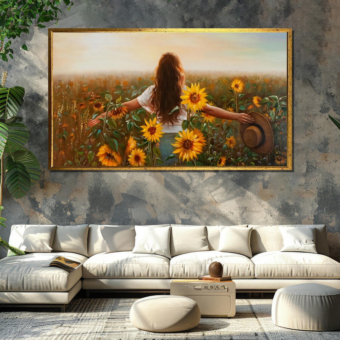 Woman With Arms Wide Open In Golden Sunflower Field Scene Poster - Image 6