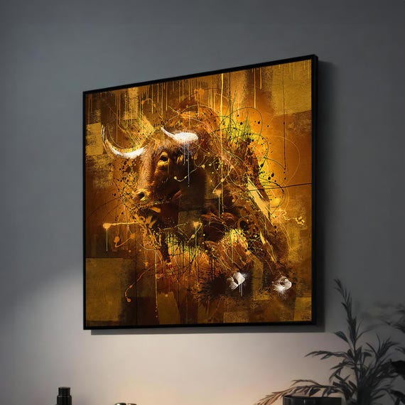 Abstract Bull Wall Art Golden Brown Animal Painting Rustic Western Inspired Decor For Living Room Or Office Ready To Hang