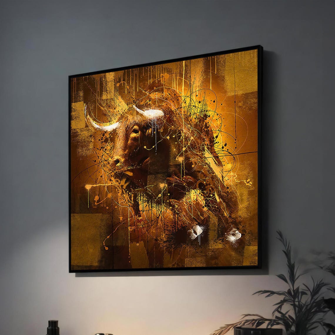 Abstract Bull Wall Art Golden Brown Animal Painting Rustic Western Inspired Decor For Living Room Or Office Ready To Hang