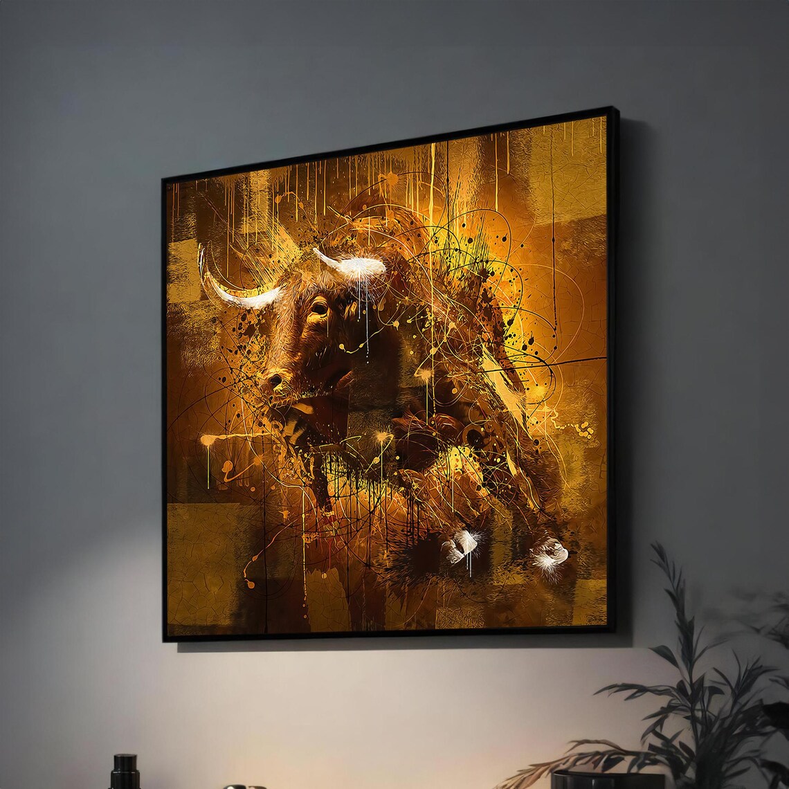 Golden Bull Abstract Splatter Rustic Western Art Poster for Office