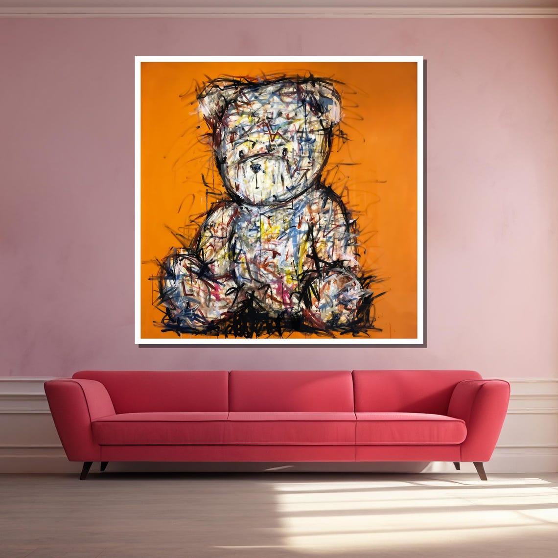 Sketchy Scribble Teddy Bear on a Bold Bright Orange Background Poster - Image 3