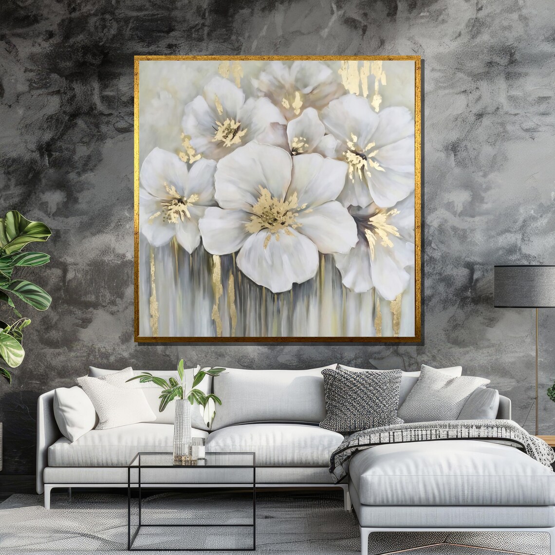 Elegant White Floral Painting With Gold Accents Modern Flower Wall Art For Living Room Luxury Nature Inspired Home Decor - Image 6