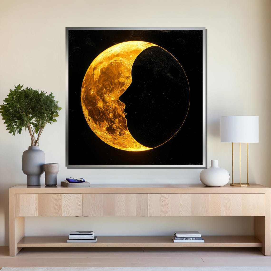 Golden Crescent Moon Art With Silhouette Face Celestial Wall Dcor For Modern Spaces - Image 4