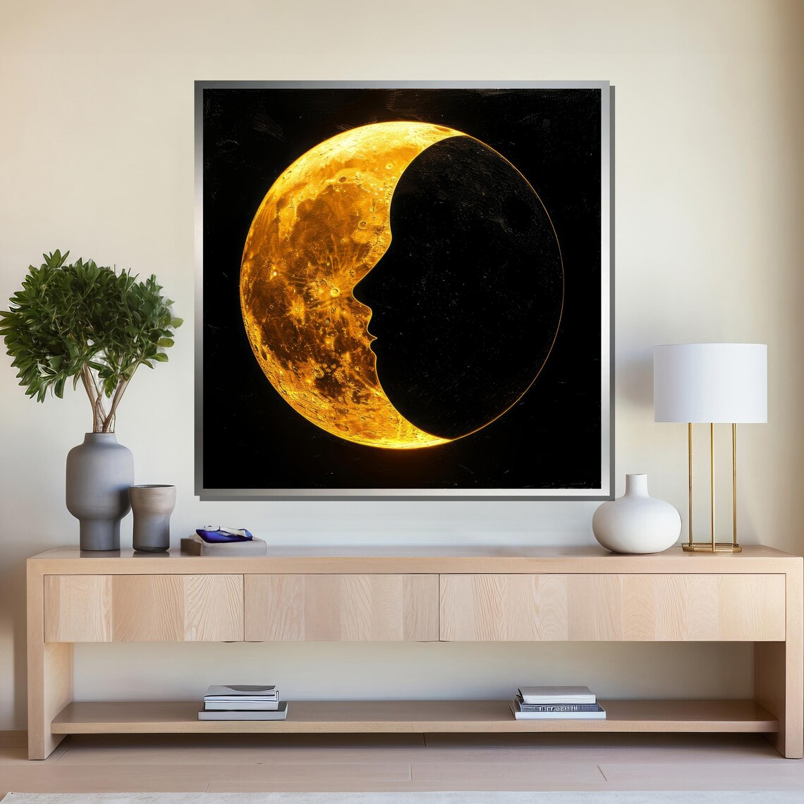 Golden Crescent Moon With Woman's Face Silhouette Celestial Art Poster - Image 4
