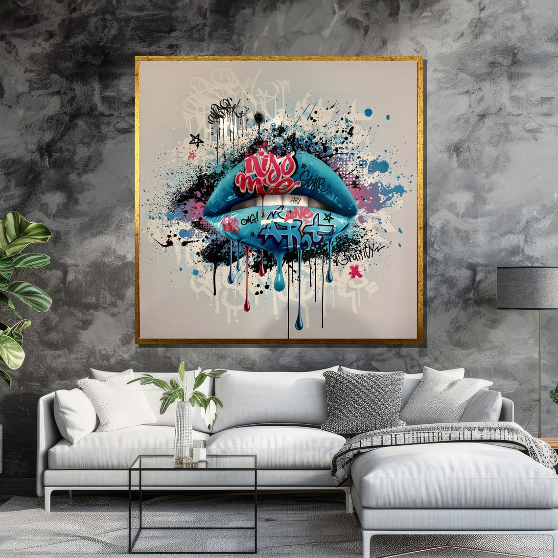 Bold Graffiti Lips Art Colorful Street Style Wall Decor Featuring Vibrant Blue Lips And Urban Pop Art Elements - Image 6