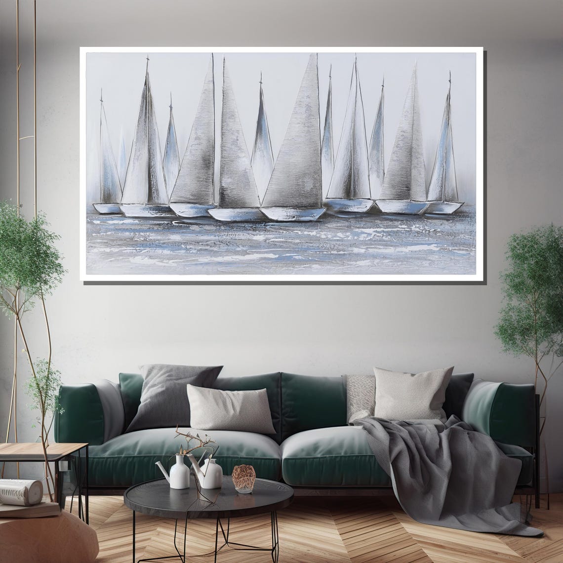 Classic White Sailboats Gliding On Calm Grey Blue Waters Poster - Image 3