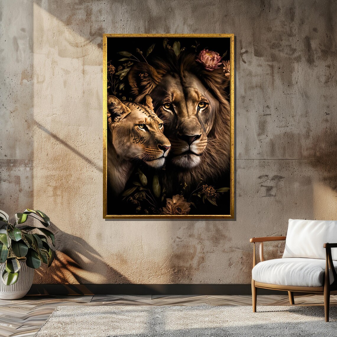 Lion and Lioness Close-Up With Dark Floral Background Art Poster - Image 6