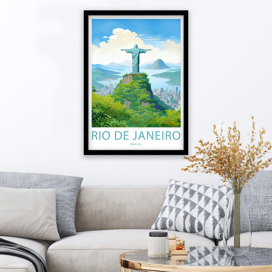 Rio de Janeiro Brazil Christ Over City Bay Illustrated Travel Poster - Image 2
