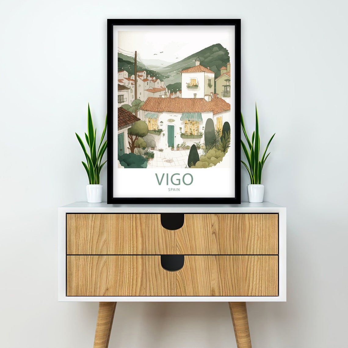 Vigo Spain Hillside Village Old Town Watercolor Illustration Poster - Image 2