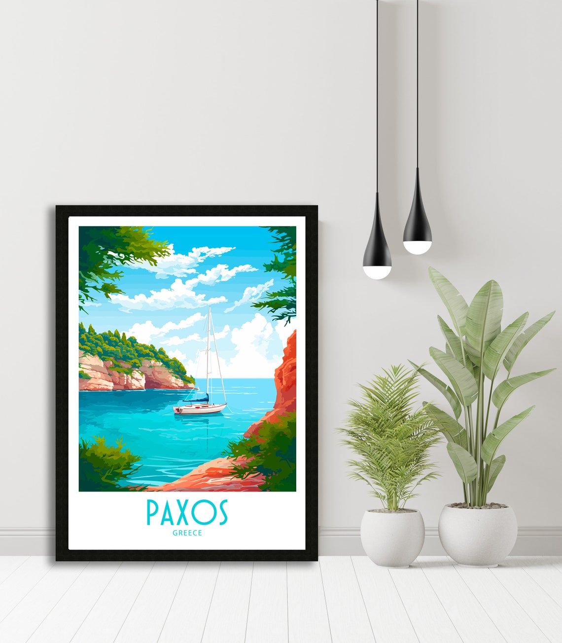 Paxos Greece Sailboat Cove Red Cliff Bay Turquoise Water View Poster - Image 5