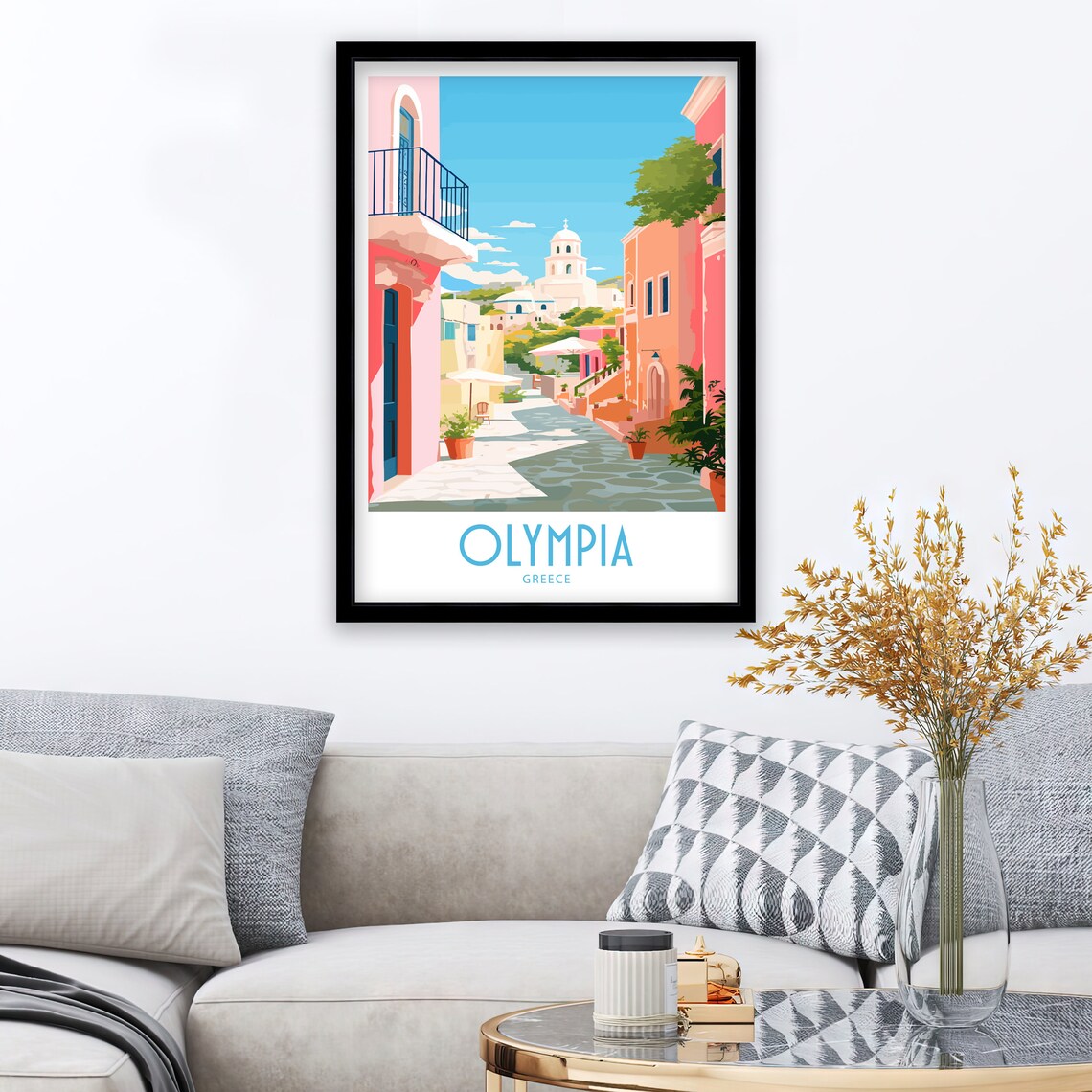 Olympia Greece Pink Street White Church Dome Sunny Village Art Poster - Image 3